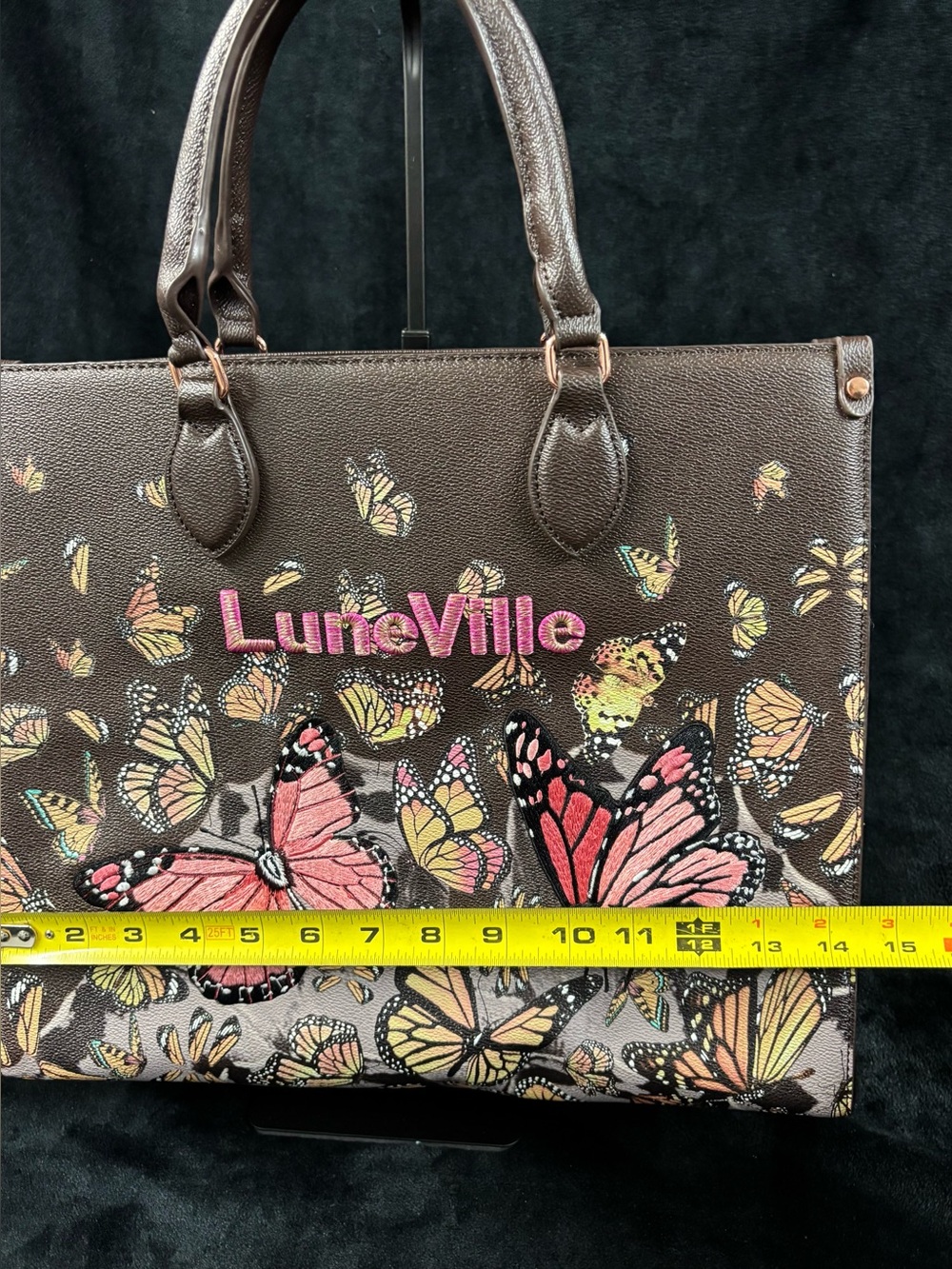 LuneVille Butterfly Coffee Brown Embroidered Large Tote Bag - Picture 13 of 14